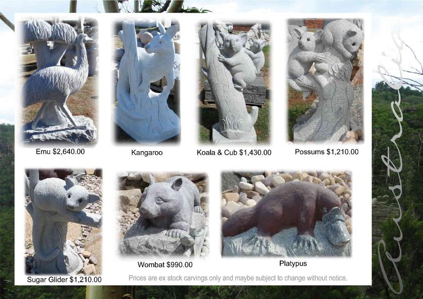 Emu, Kangaroo, Koala, Possums, Sugar Glider, Wombat, Platypus granite sculptures from J.H. Wagner & Sons