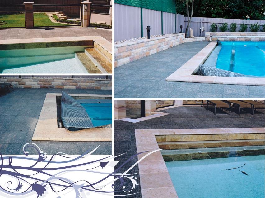 Dark Grey exfoliated granite tiles with Light Yellow exfoliated granite coping tiles supplied by J.H. Wagner & Sons.