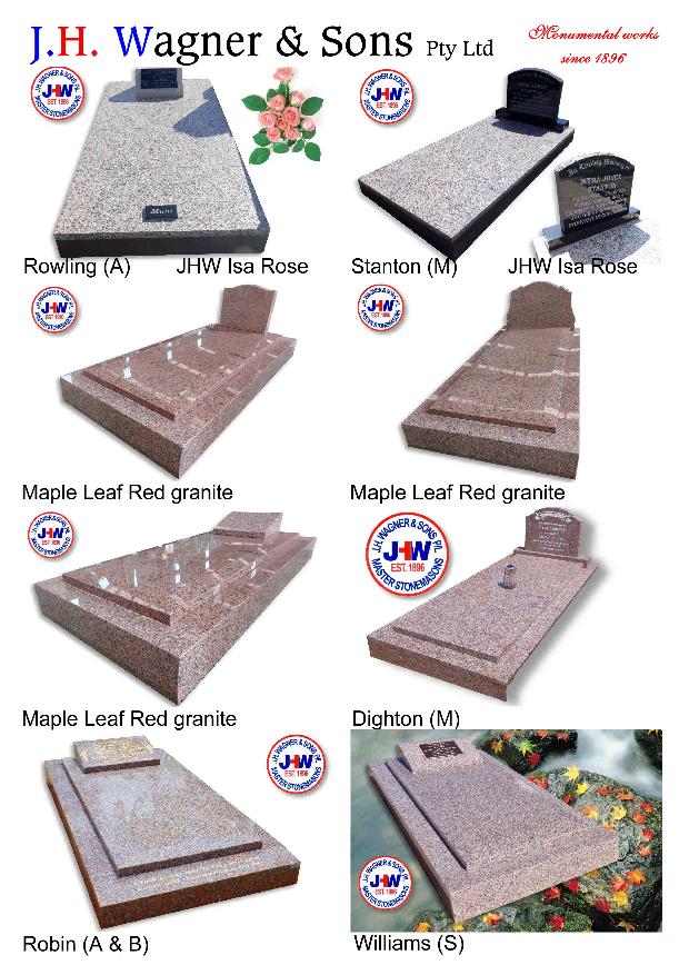 Isa Rose granite and Maple Leaf Red granite Single Monuments by J.H. Wagner & Sons.